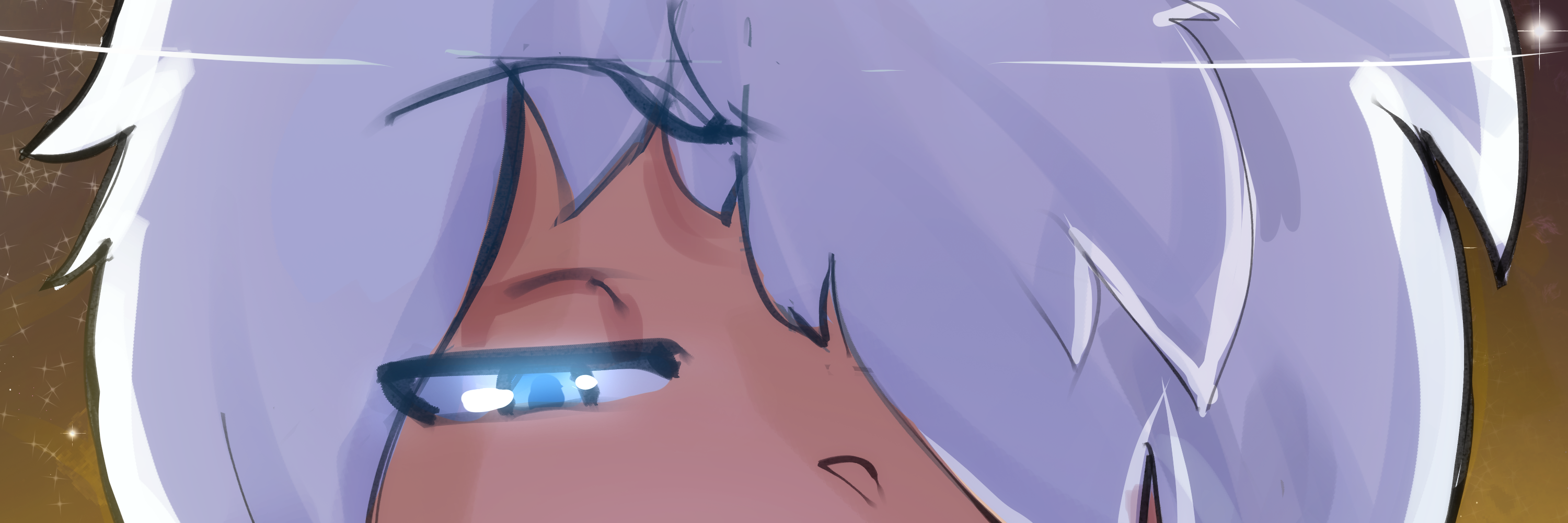 Drawing by Kwa of the top of Rei’s magnificently pretty face, his piercing blue eye focused on the reader.
